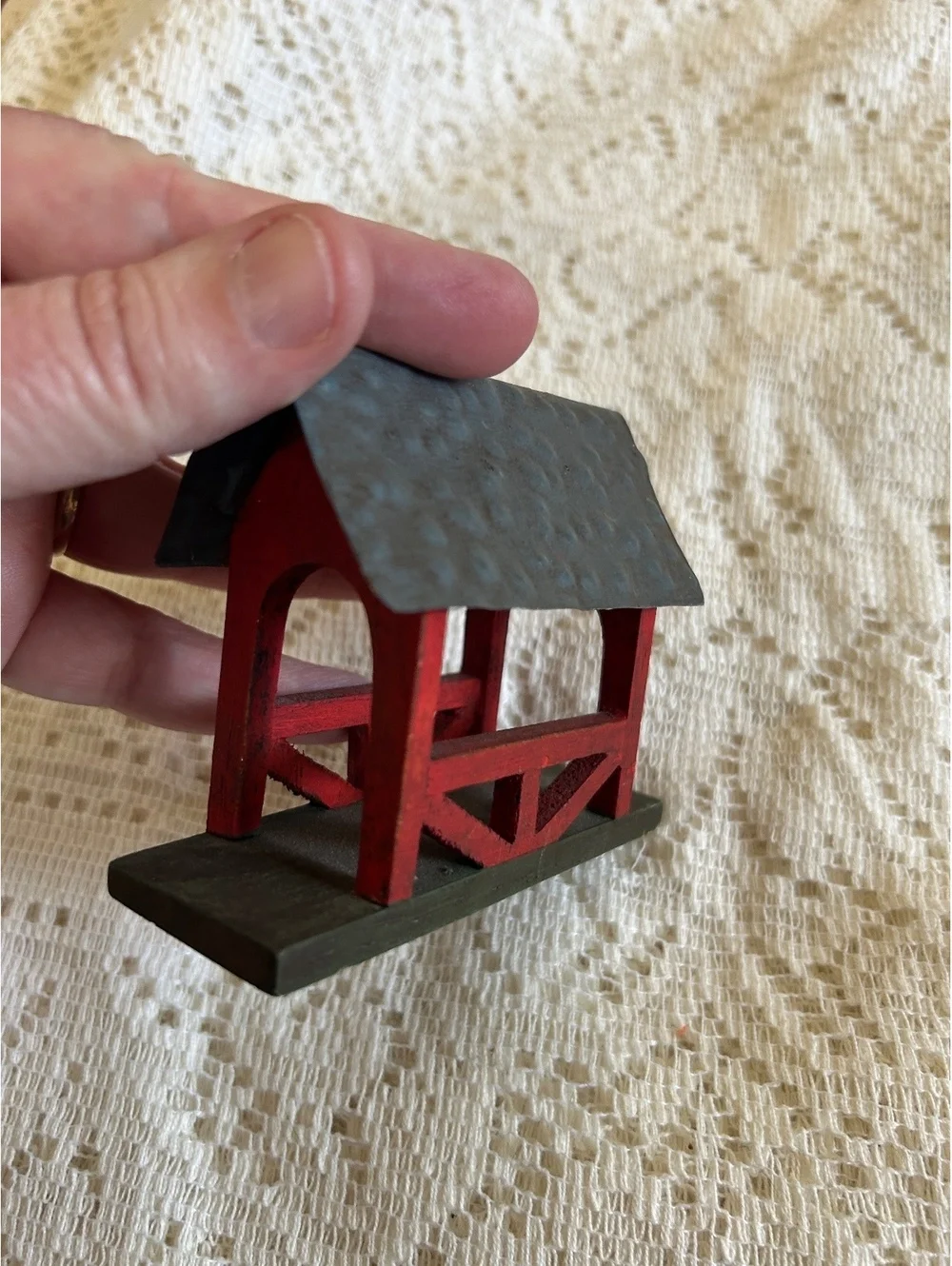 Handcrafted Miniature Red and Black Wooden Bridge Ornament